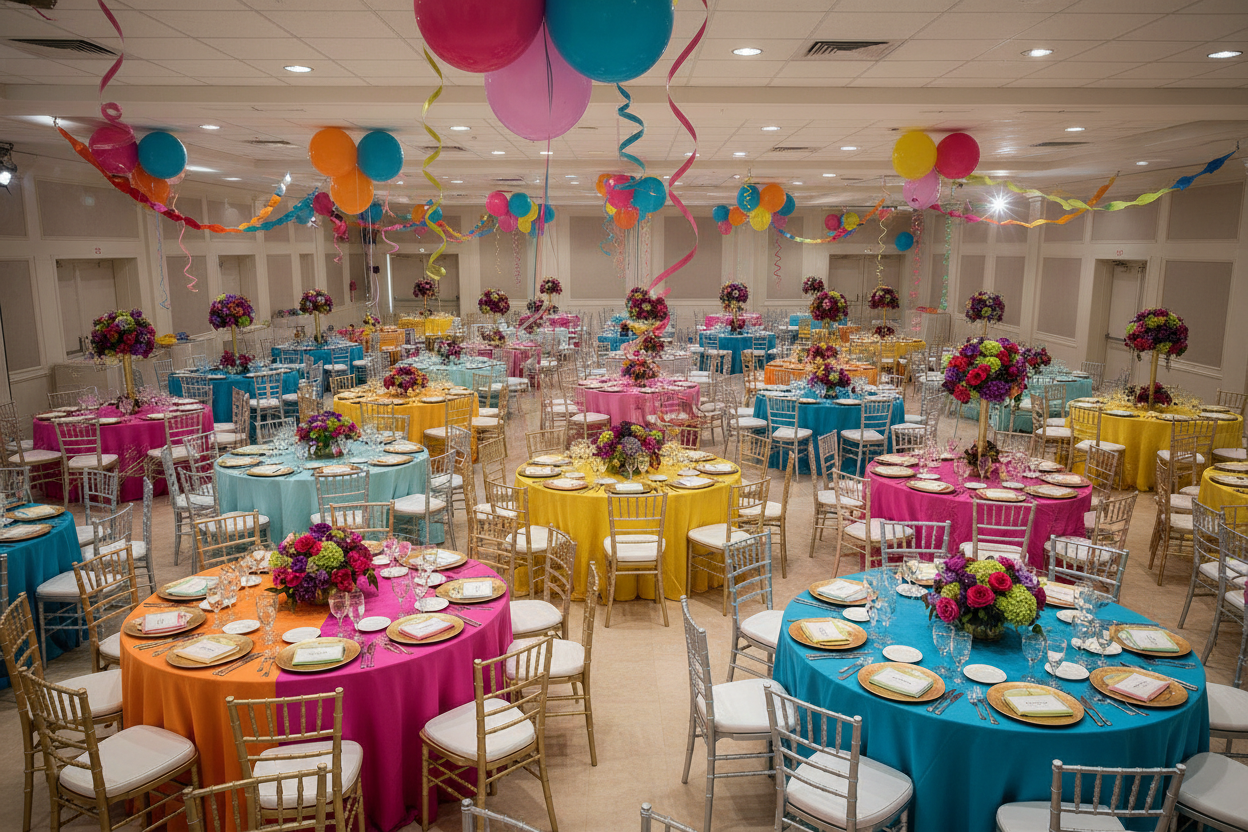 EVENTO SOCIAL COLORIDO CON SILLAS TIFFANY PERO SIN PERSONAS