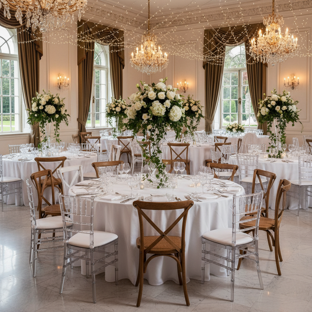 IMAGEN CUADRADA DE UN EVENTO FORMAL CON VARIEDAD DE SILLAS TIFFANY Y CROSSBACK